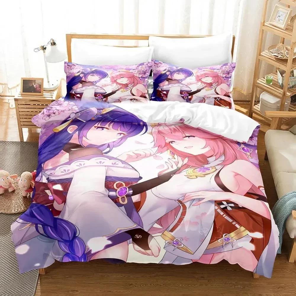 Anime Genshin Impact Yae Miko Game Bedding Set Duvet Cover Bed Set Quilt Cover Pillowcase Comforter King Queen Size Boys Adult