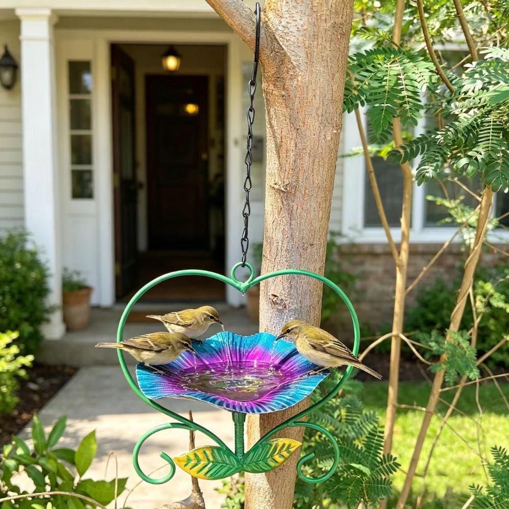 New Love Heart Design Hanging Bird Bath Flower-shaped Durable Iron Bird Feeder Device Large Capacity Bird Water Drinker Balcony