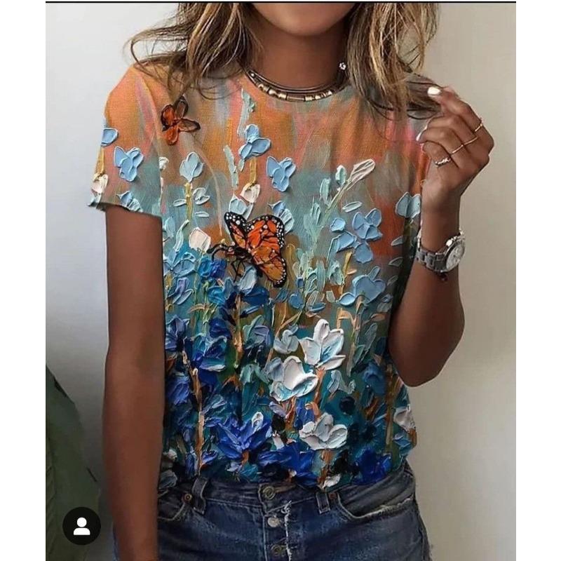 Summer Round Neck 3D Flowers Butterflies Dragonflies Pattern Print Top Fashionable Casual Short Sleeved Women's T-shirts