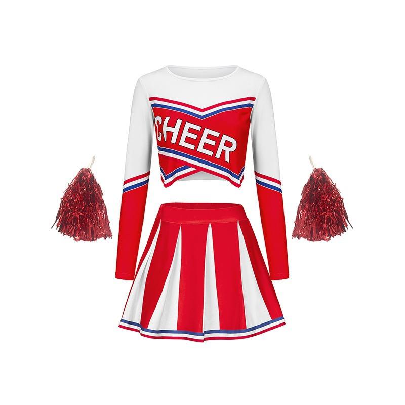 Zombie Cheerleading Uniform Women's Long-sleeve Cheerleader Performance Top Short Skirt Pom-pom Halloween School Student Costume