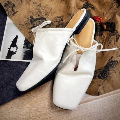 Sapatilhas femininas de amarrar com laço, bico quadrado, estilo preguiçoso, sapatos de bico chato