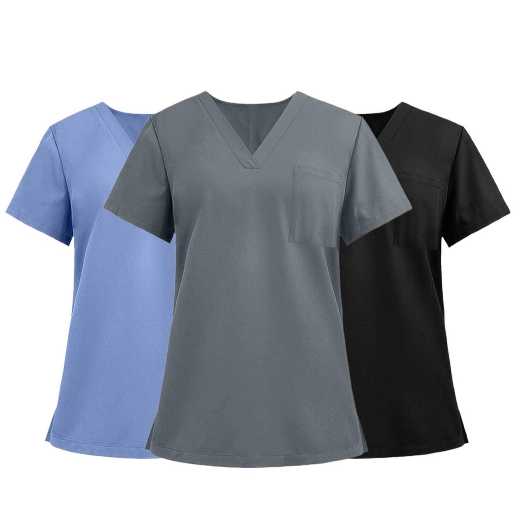 3PC Women's Fashion Solid Short Sleeve V Neck Pattern Tops Pocket Working T-shirts