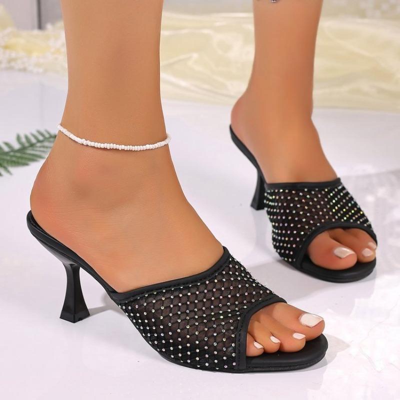 Fashion Temperament Slip-on Slippers Summer New Round Head Open-toe Rhinodrill Mesh Set Foot Anti-slip Wear-resistant High Heels