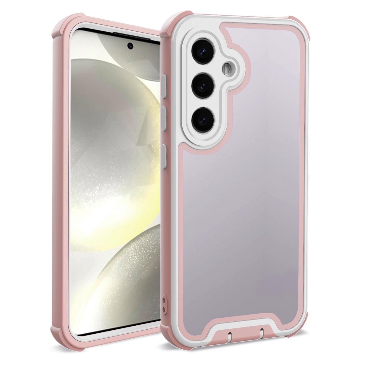 

For Samsung Galaxy S25 Case Detachable 4 in 1 TPU+Acrylic+PC Shockproof Phone Cover Rose Gold+White