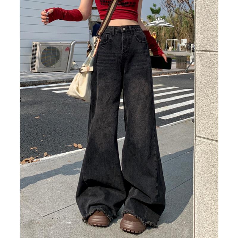 Black and Gray Furrowed Denim Wide-leg Pants In Spring and Autumn New Versatile High-waist Straight Loose Women's Pants