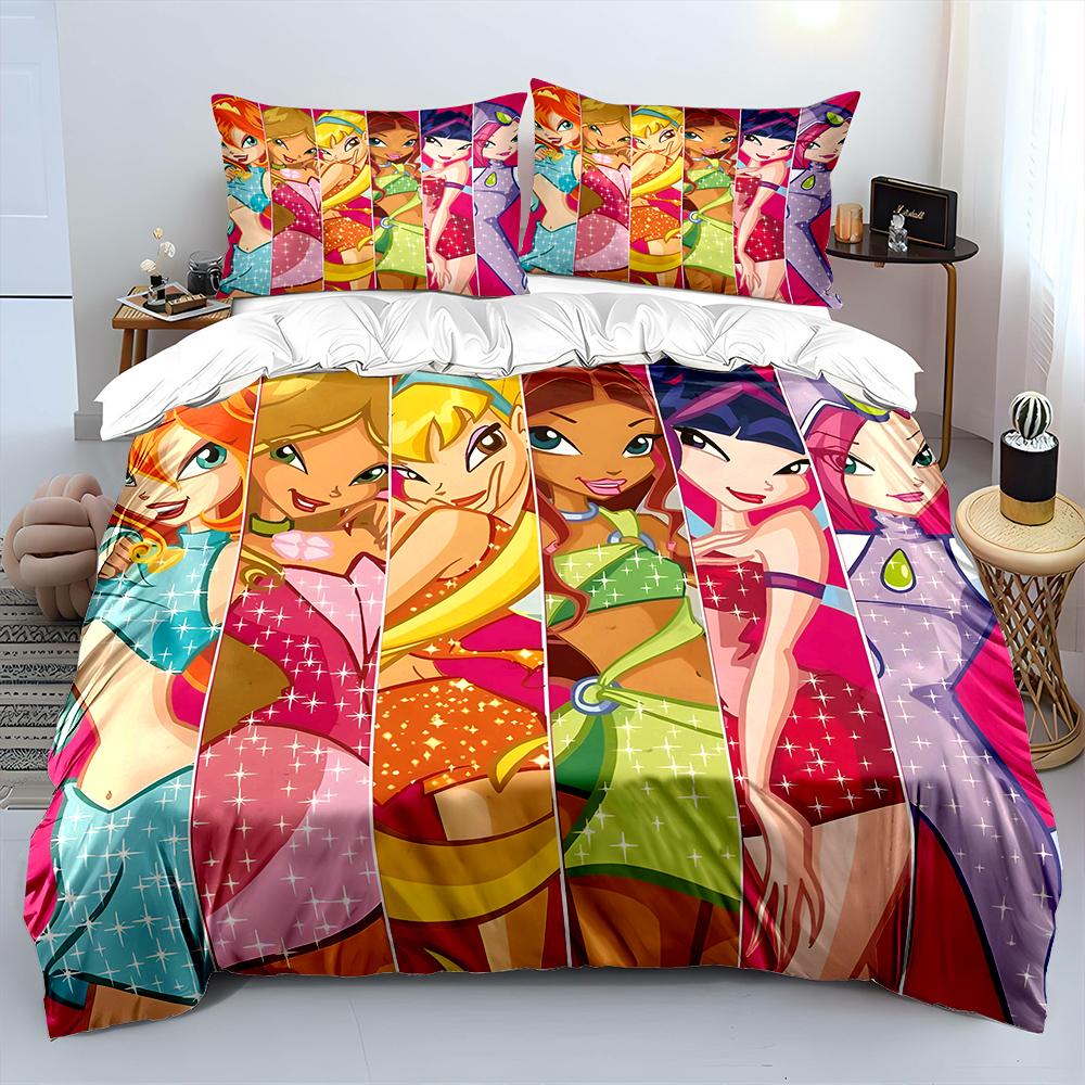 Beautiful Girls W-winx Cartoon Pattern Duvet Cover Set Digital Print Colorful Polyester Bedding with Zipper Closur for Kids Gift