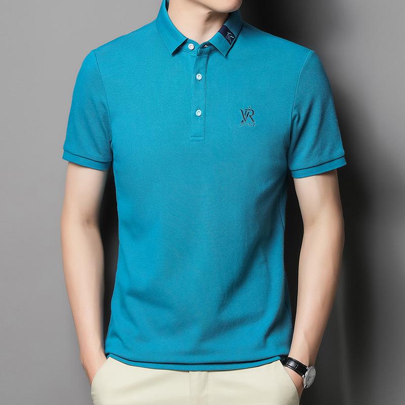 Camiseta de manga corta de algodón bordada para hombre, polo informal de negocios ligero y fino de verano, con solapa y corte entallado