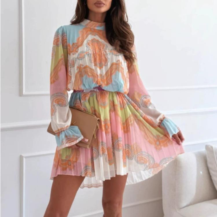 Fashion Print Stand Collar Pleated Long Sleeve Loose Waist Straight Comfortable Dress Lightweight Recognition Elegant with Flattering Chic Dress