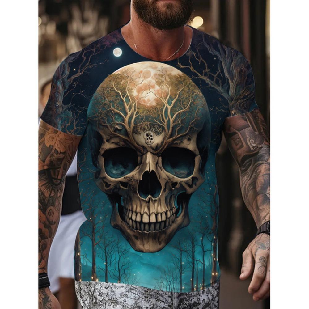 New Men's Fun Skull Pattern T Shirt Suit Mob Skull Print Short Sleeve Summer Casual Loose Round Neck T Shirt Breathable Top
