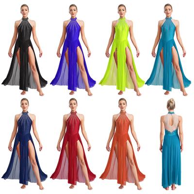 Women Lyrical Modern Dance Costume Sleeveless Sparkling Rhinestones Split Dress for Contemporary Stage Performance Costumes