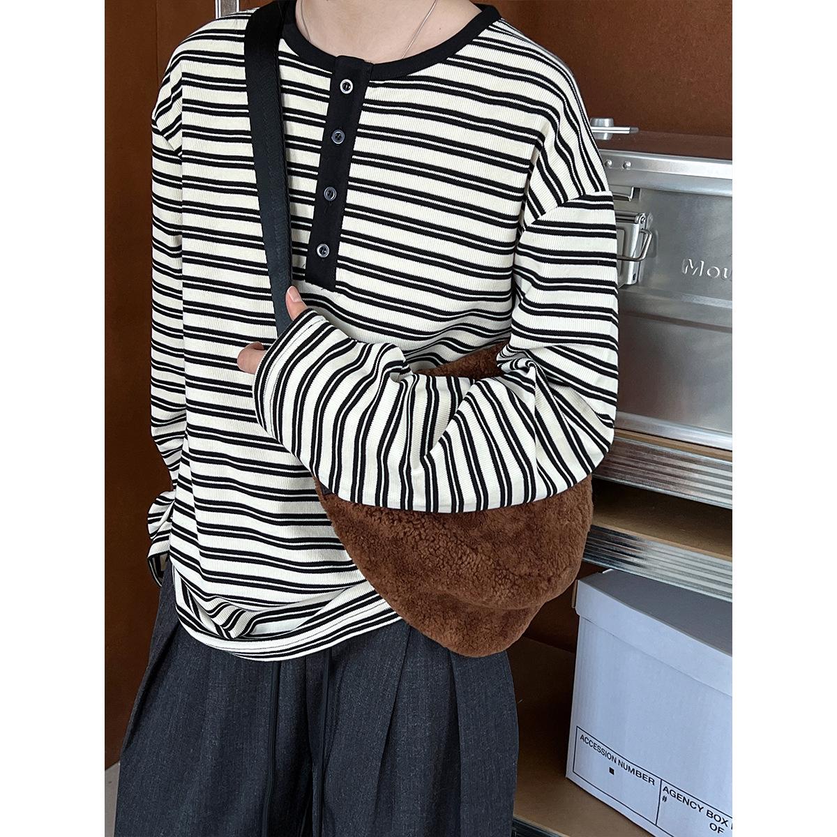 

Luxi Korean Retro Striped Long-Sleeve Button Half-Open Neck T-Shirt M