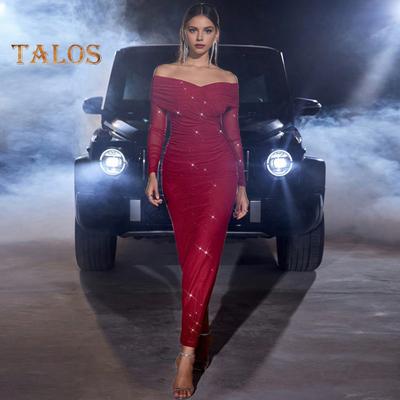Lady Evening Dress Off Shoulder Long Sleeves Mesh Patchwork Pleated Cross Bandeau Slim Fit Prom Wedding Party Cocktail Maxi Dress