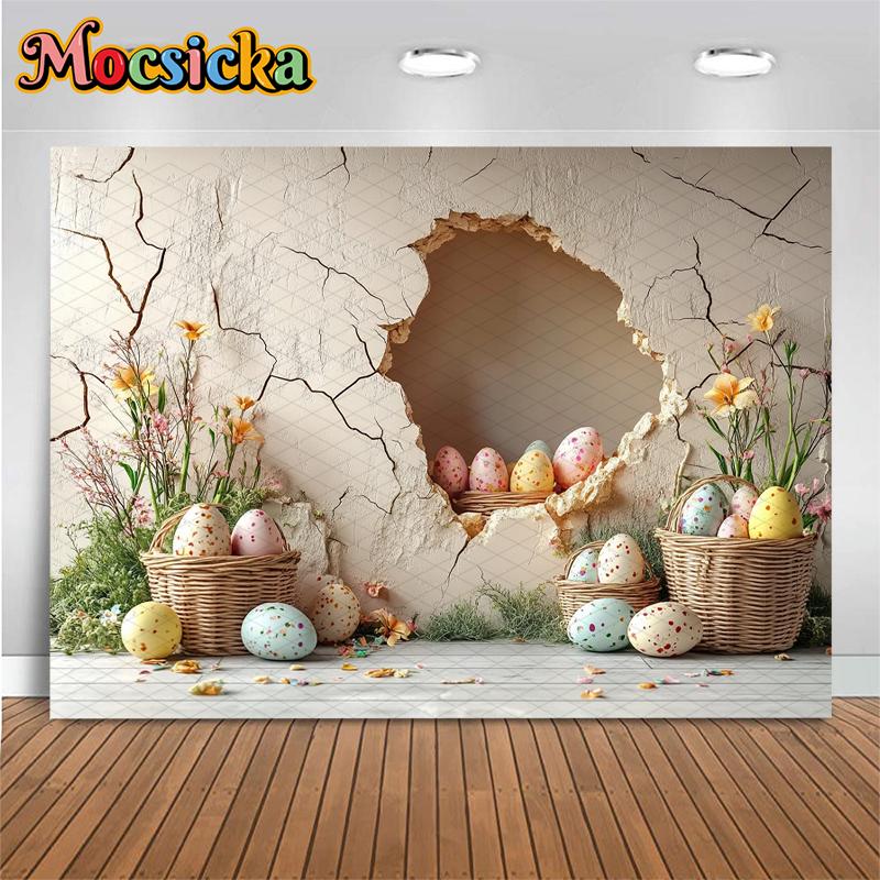 Mocsicka Art Wall Hole Photography Background Easter Egg Spring Flower Portrait Backdrop Birthday Decoration Photo Studio Banner