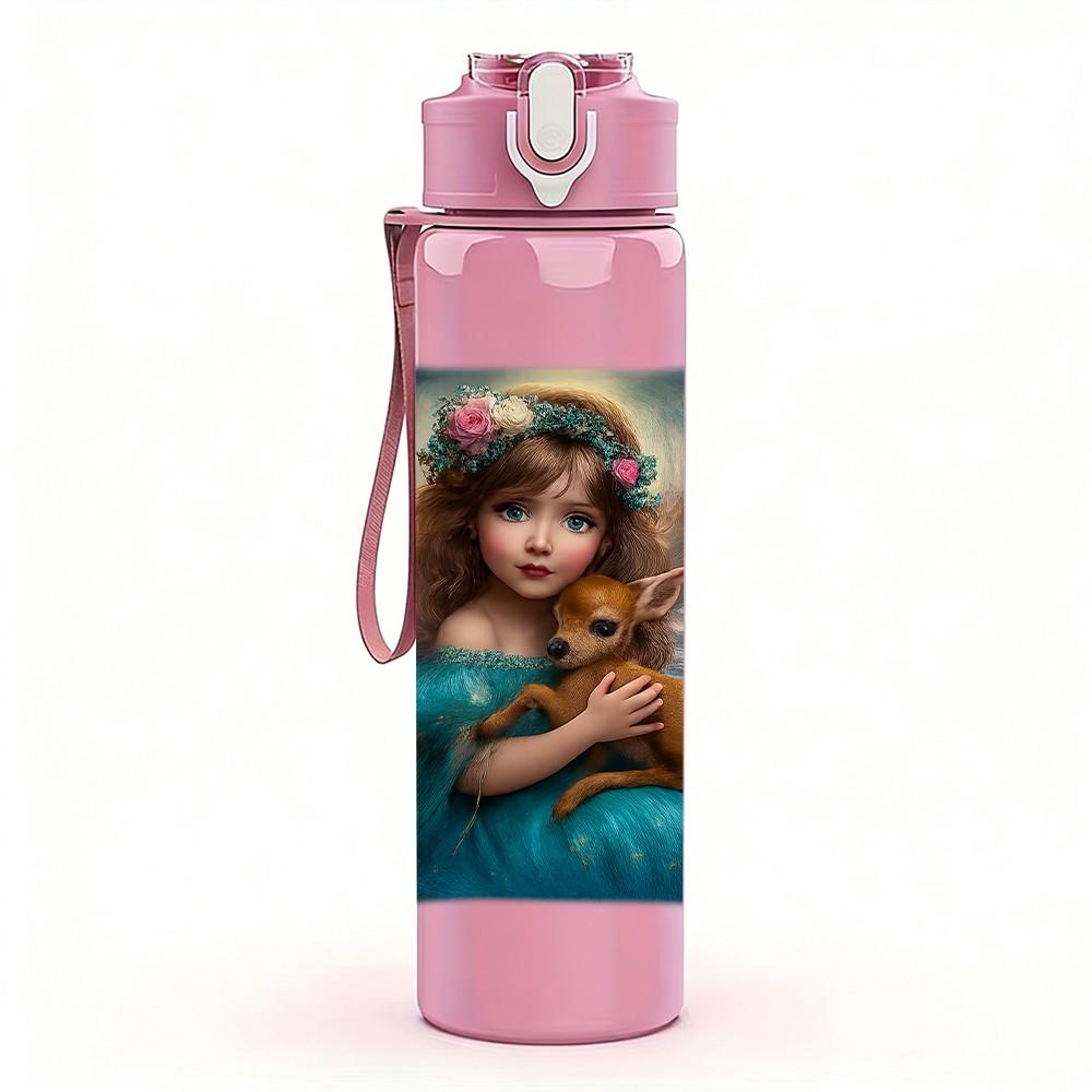 1PC Vintage Girl Oil Painting 750ml Color Plastic Sports Water Bottle Leakproof Flip Straw Lid Suitable for Sports Office Home Use