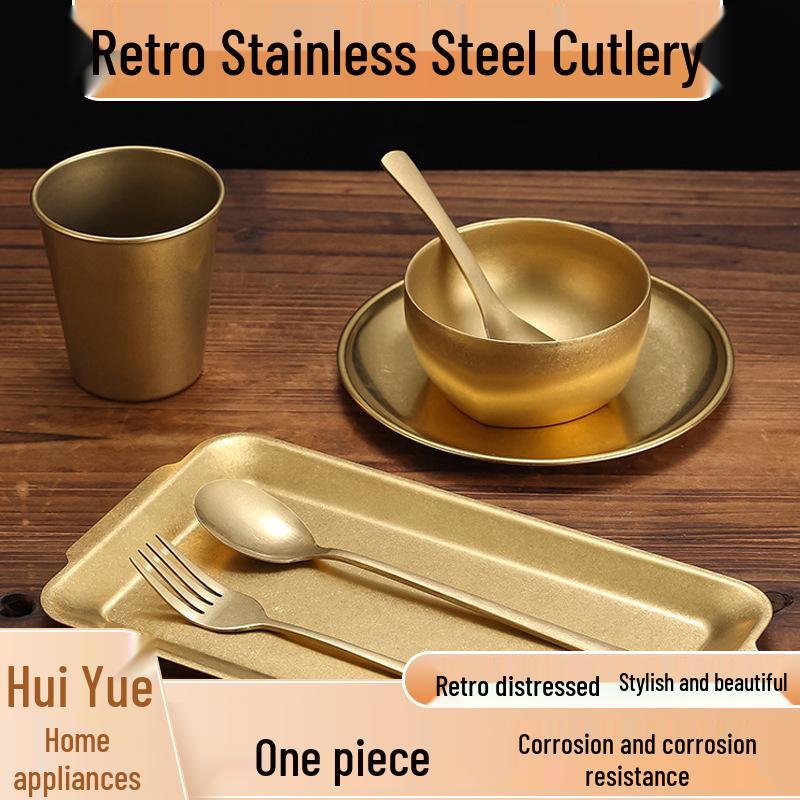Retro Gold Stainless Steel Tableware Set: Rectangular Plate, Seasoning Dish, Bowl, Water Cup, Chopsticks, Spoon.