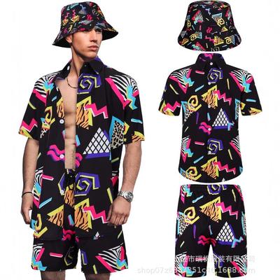 Herren Hawaii-Print Strandhemd Shorts Hut 3-teiliges Set Sommerurlaubs-Set Atmungsaktiv Schnelltrocknend Wesentlich für Draußen