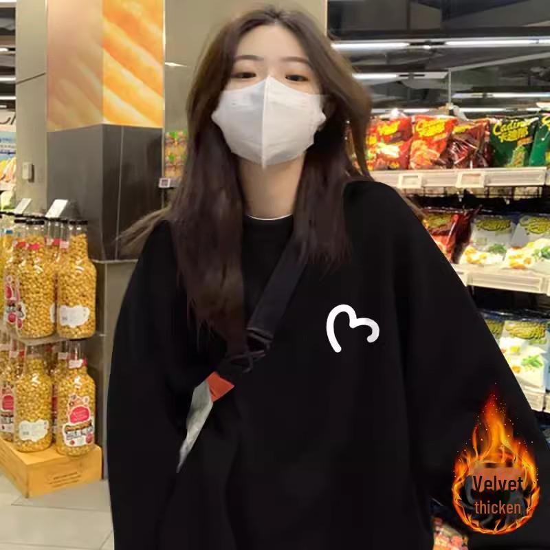 Dámská plus sametová evropská modrá mikina s kulatým výstřihem - Jaro/Podzim 2024 Volný střih top