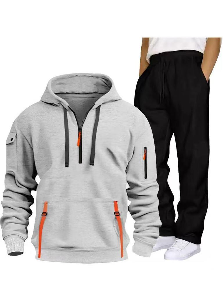 2026 Men's European Size Hoodie & Sweatpants Two-Piece Set - Half-Zip Hoodie & Straight Leg Pants