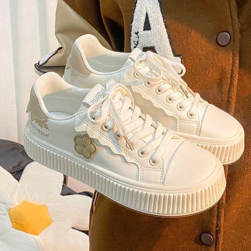 Thick-soled Small Flower Board Shoes Children's Spring and Autumn New Ins Trendy Leather Surface Versatile Casual Little White Shoes