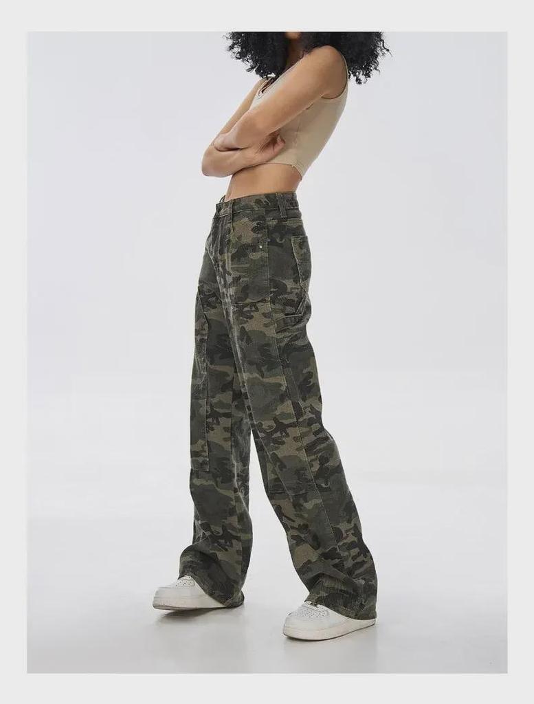 Women's Army Green Camo High-Waist Wide-Leg Jeans - Summer Casual Hip-Hop Style