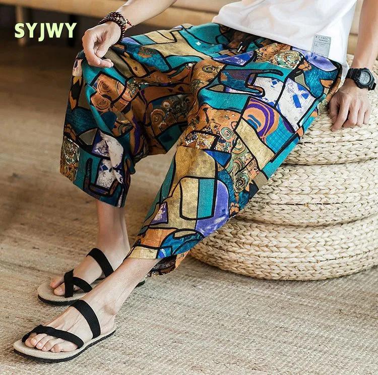 Cotton And Linen Pants Summer Beach Cropped Pants Men's Loose Large Size Bloomers Ethnic Floral Pants