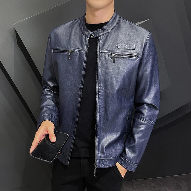 

Повседневная мотоциклетная ветровка на молнии с воротником-стойкой, куртка из искусственной кожи, мужская тонкая модная шерстяная подкладка высокого качества, уличная одежда XXXXL