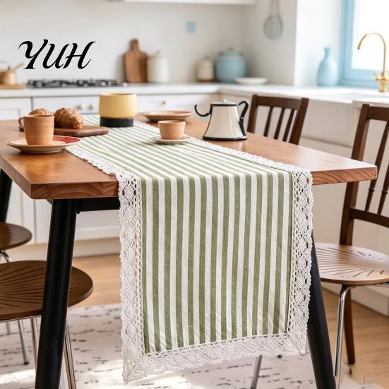 Entryway Table Runner Striped Runner, Lace Trim Cotton Linen for Dining Rustic Farmhouse Home Decor Boho