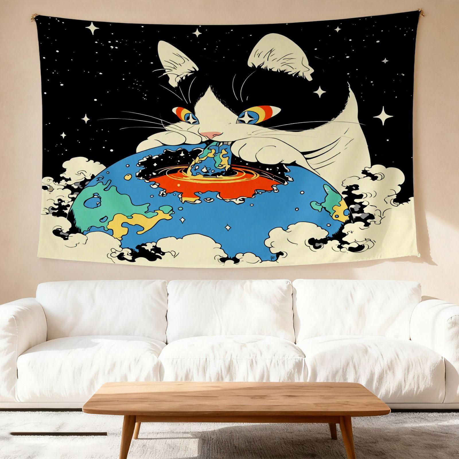 

Гобелен на тему Космический Кот Печатное Настенное Полотно-Флаг для Спальни Домашний Декор 74x94cm(29x37in)