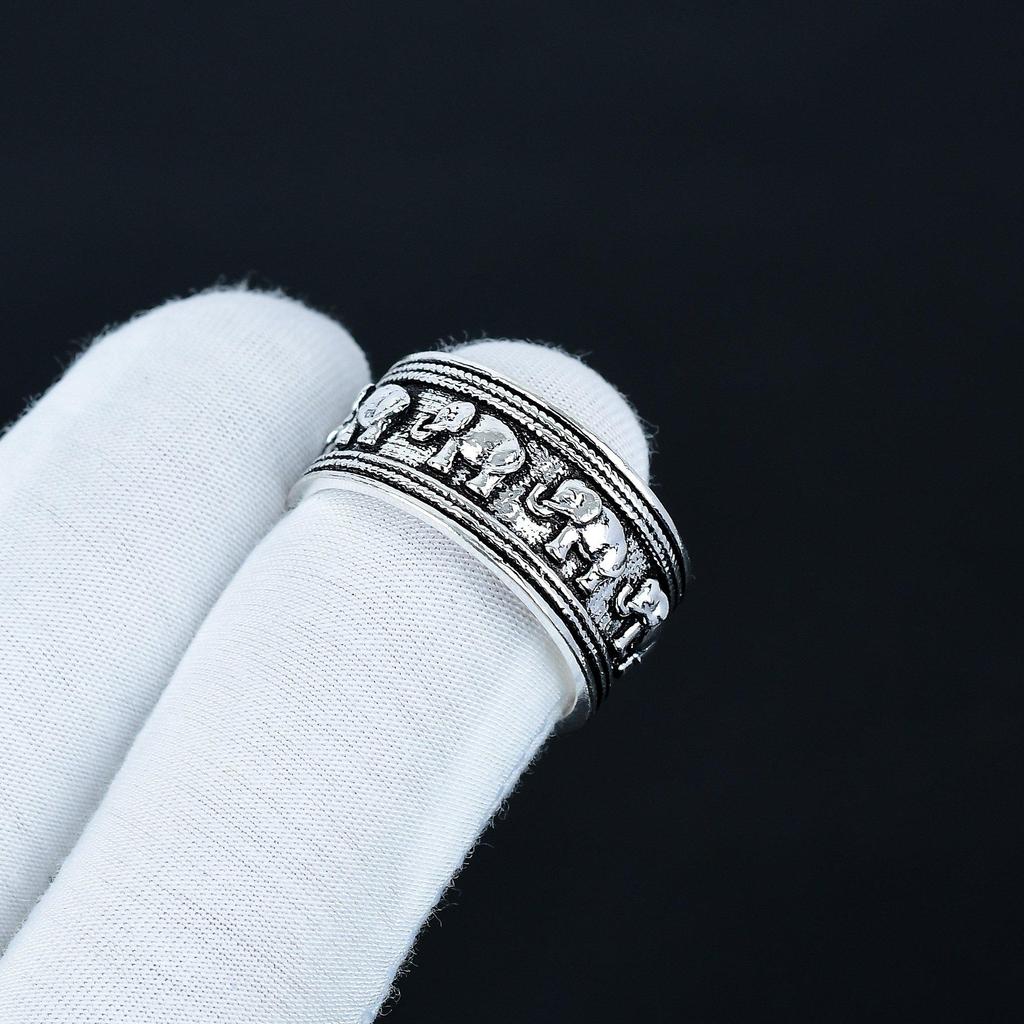 Elephant Design Band Ring, Unisex Spinner Ring, Unique Meditation Ring, 925 Sterling Silver Jewelry Handmade Gift, Boho Spinner Ring For Her