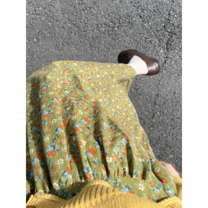 Sommer Retro Stil Tasche Florales Faltenrock Damen Neu Elastische Taille A-Linie Langer Rock Schirmrock