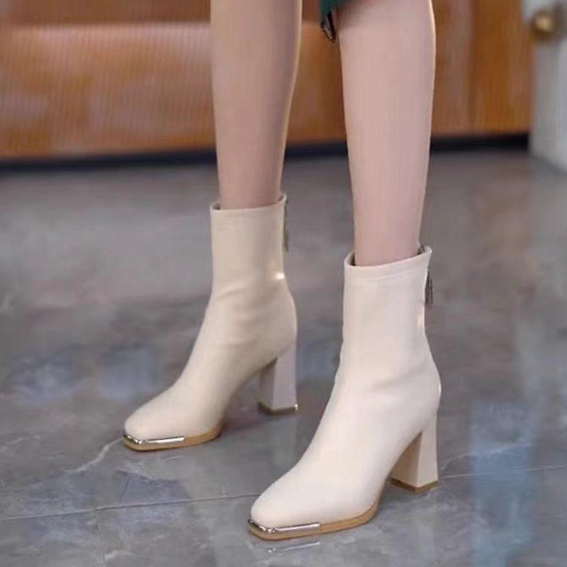 Women Ankle Boots Fashion Eelgant Back Zippers Shoes Vintage Square Heels Autumn Winter Ladies Stretch Modern Booties