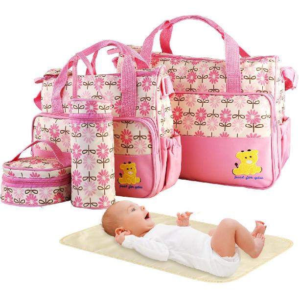5PCS Baby Diaper Bag Set, baby nappy Handbag with Shoulder Strap, Portable Diaper Changing Bag for Mom Dad
