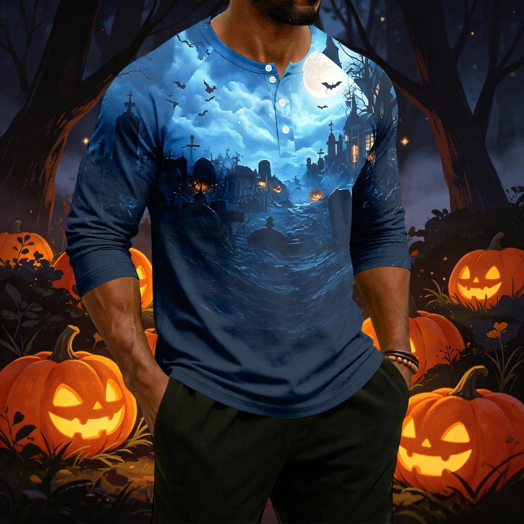 Men's Casual Raglan Three-Quarter Sleeve Shirt Halloween Print