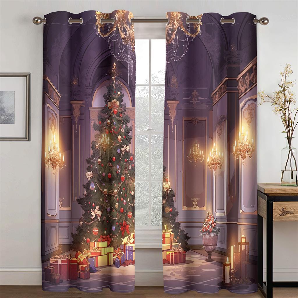 3D Christmas New Year Castle Exquisite Curtains Fairy Tale Style 2pcs Fit Children's Room Living Room Bedroom Decor