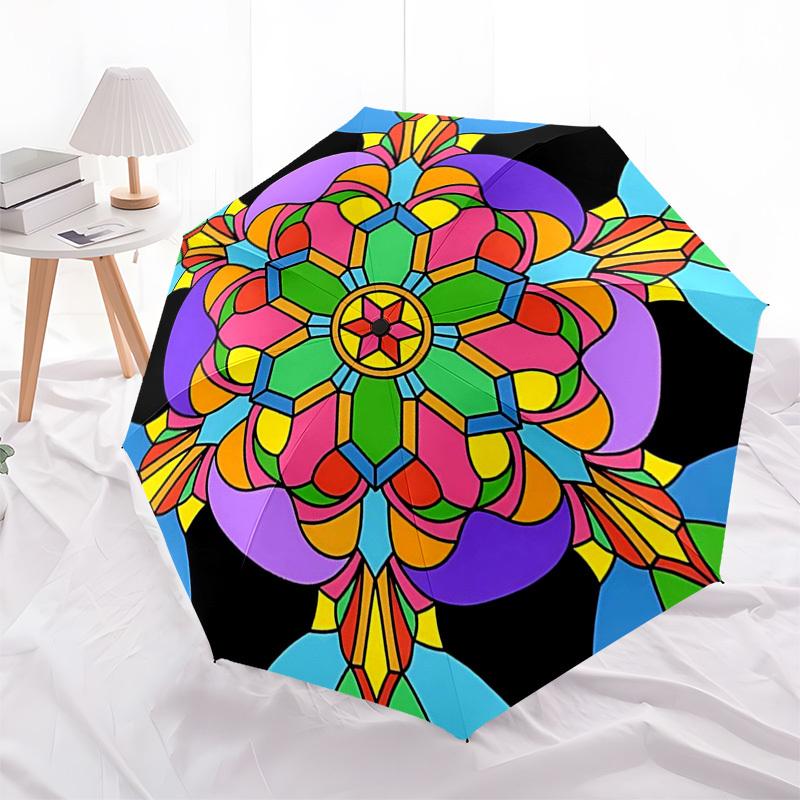1pc Colorful Mandala Pattern Automatic Folding Umbrella - Portable 3-Fold Design with 8-Bone Iron Frame - Outdoor for Fans, Travelers, Daily Use - Per