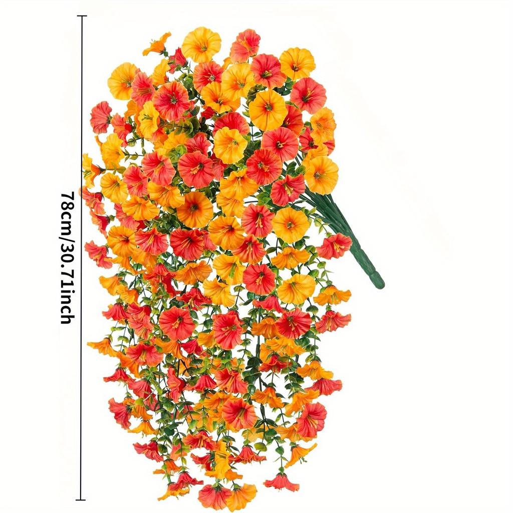 2pcs Artificial Hanging Petunia & Eucalyptus Flowers - Weatherproof Vibrant Orange Blooms with Green Leaves, Garden Decorations, Patio Decoration