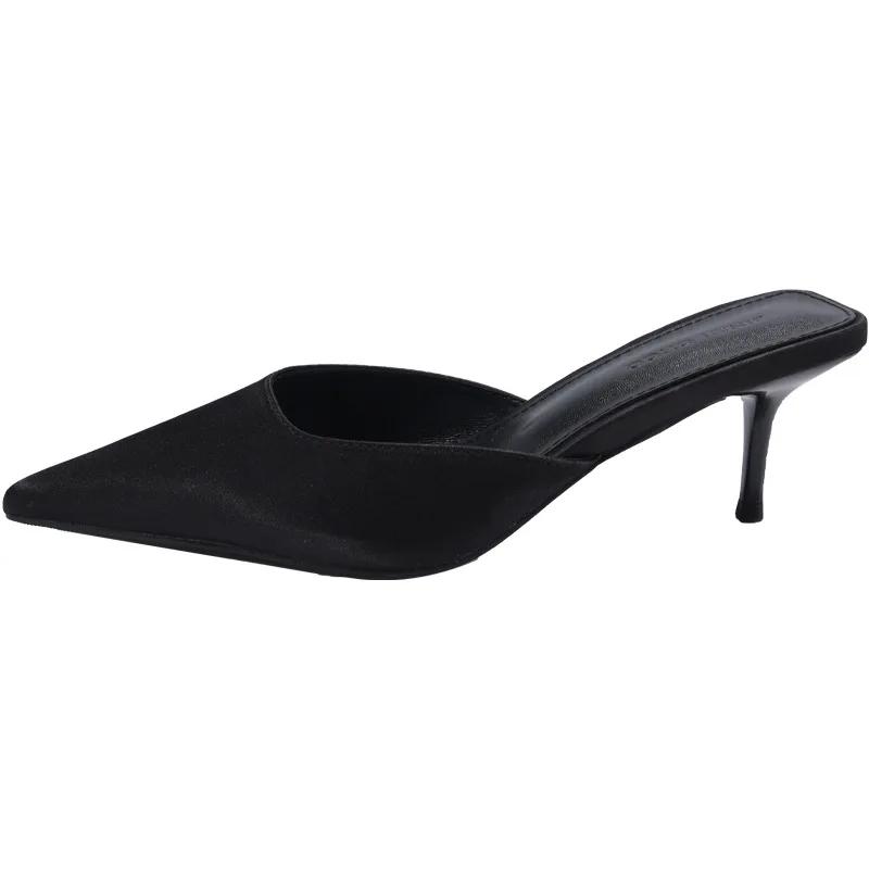 Fashion 35-42 Pointed Fine High Heel Half Slippers Female French Elegant Temperament High Heels Black Leisure Slippers Zapatos De Mujer