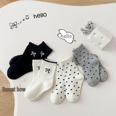 Chaussettes en Dentelle de Coton pour Filles à Pois et Nœud Printemps/Été - Noir/Blanc/Gris