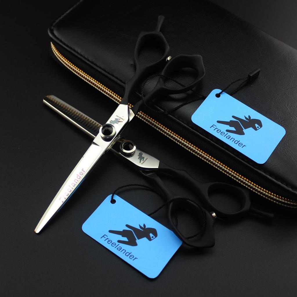 6.0" Black Elastic Handle Barber Scissors - Straight & Thinning Shears for Hairdressing