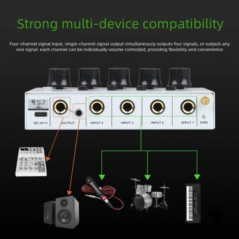 4 Channel Auditory Mixer Simultaneous Connection With Low Noise Recording And Stereo Output For Home Studio And Podcasting