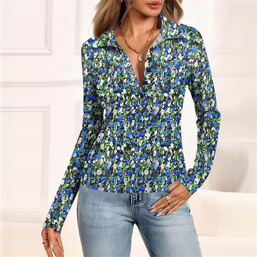 Women's Fashion Casual Printed V-Neck Long Sleeve Button-Down Top