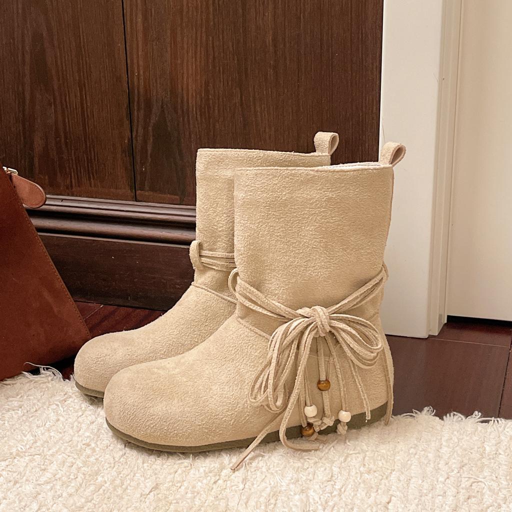 Fashion tassel bow thick heel short boots women's 2025 autumn and winter retro style new suede temperament versatile fashion boots