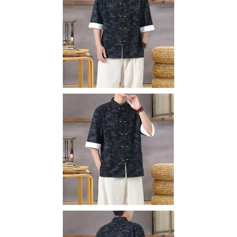 Men's Lightweight Mandarin Collar Printed Shirt Summer Chinese Style Oriental Design Casual Cultural Wear