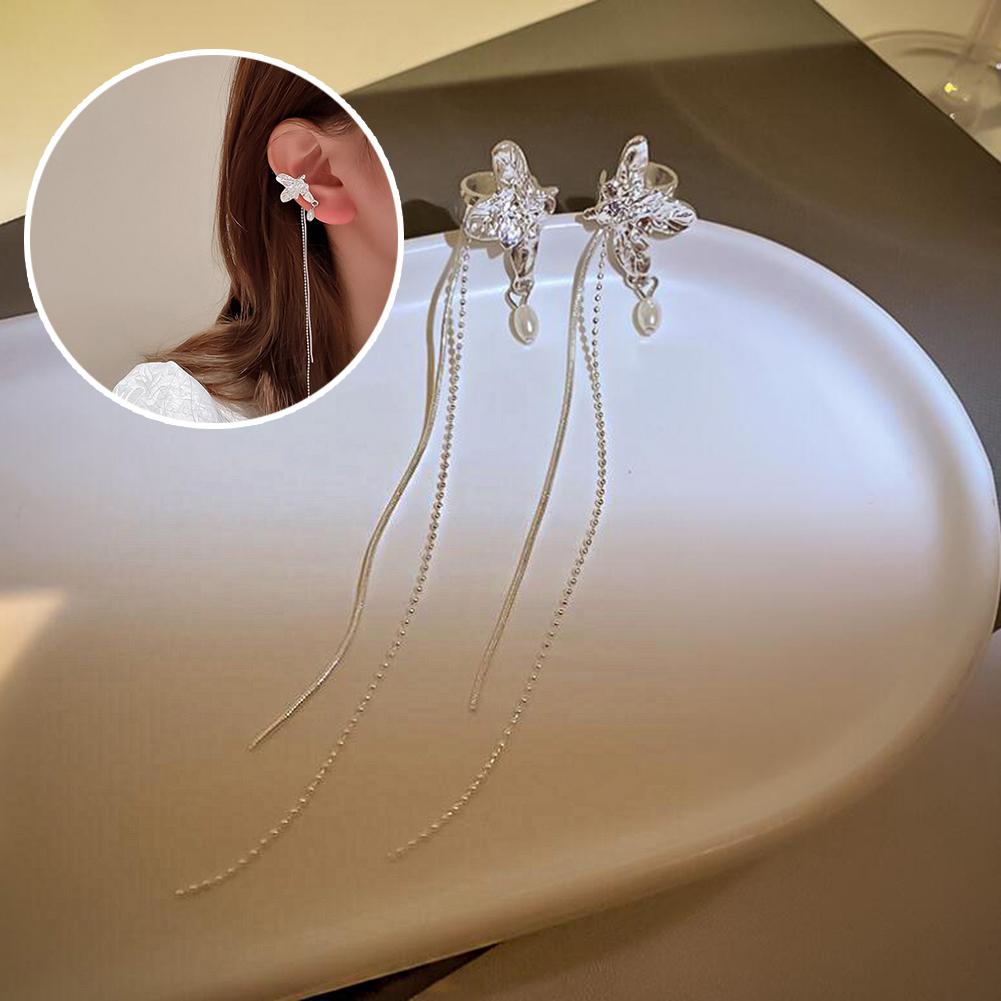 Fashion Trend Silver Needle Unique Design Exquisite Butterfly Pearl Tassel Ear Bone Clip Women 'S Jewelry Party Gift