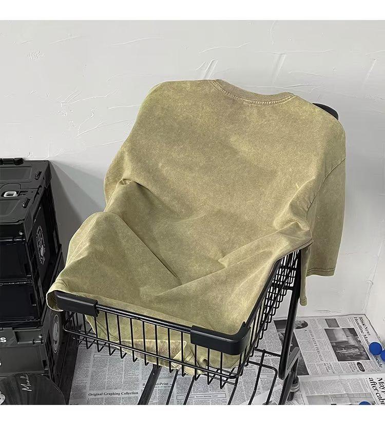 

Мужская футболка из плотного хлопка с потертостями, свободный крой в гонконгском стиле, короткие рукава-пять точек, модный летний бренд. Extra Large хаки