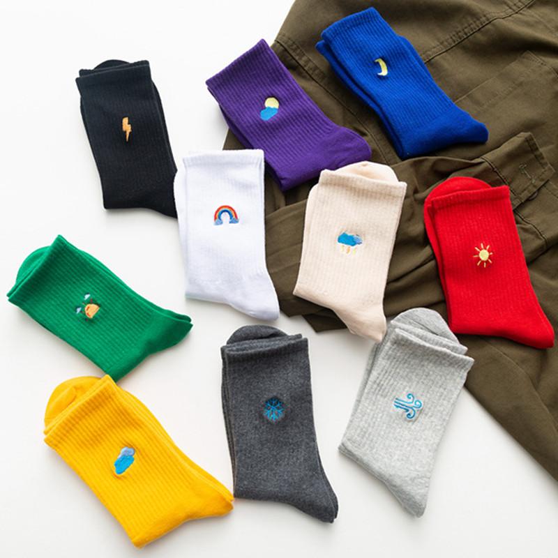 Popular Embroidery Cute Sun Cloud Moon Pattern Candy Color Socks Custom Women Girls Slouch Socks