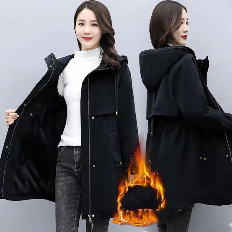 

Парка средней длины с капюшоном и талией, женская зимняя куртка из плотного бархата и теплого хлопка XS чёрный