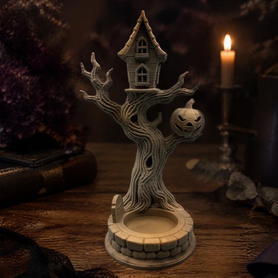 Halloween Themed Room Accessories 3D Printed Tree House Ornament with Pumpkin, Spooky Table Desktop Landscaping Props Centerpiece, Dead Figurine