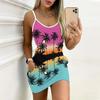 Summer New Style Coconut Tree Print Sleeveless Bodycon Dress with Pockets Sexy Slim Fit Elegant Party Dress