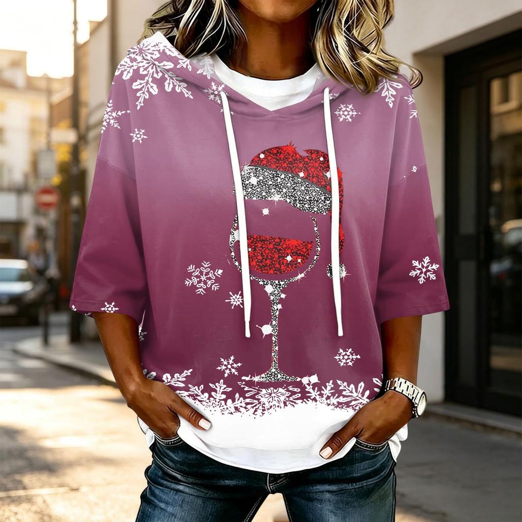 Women's Casual 3/4 Sleeve Hooded Christmas T-Shirt for Holiday Parties and Everyday Wear